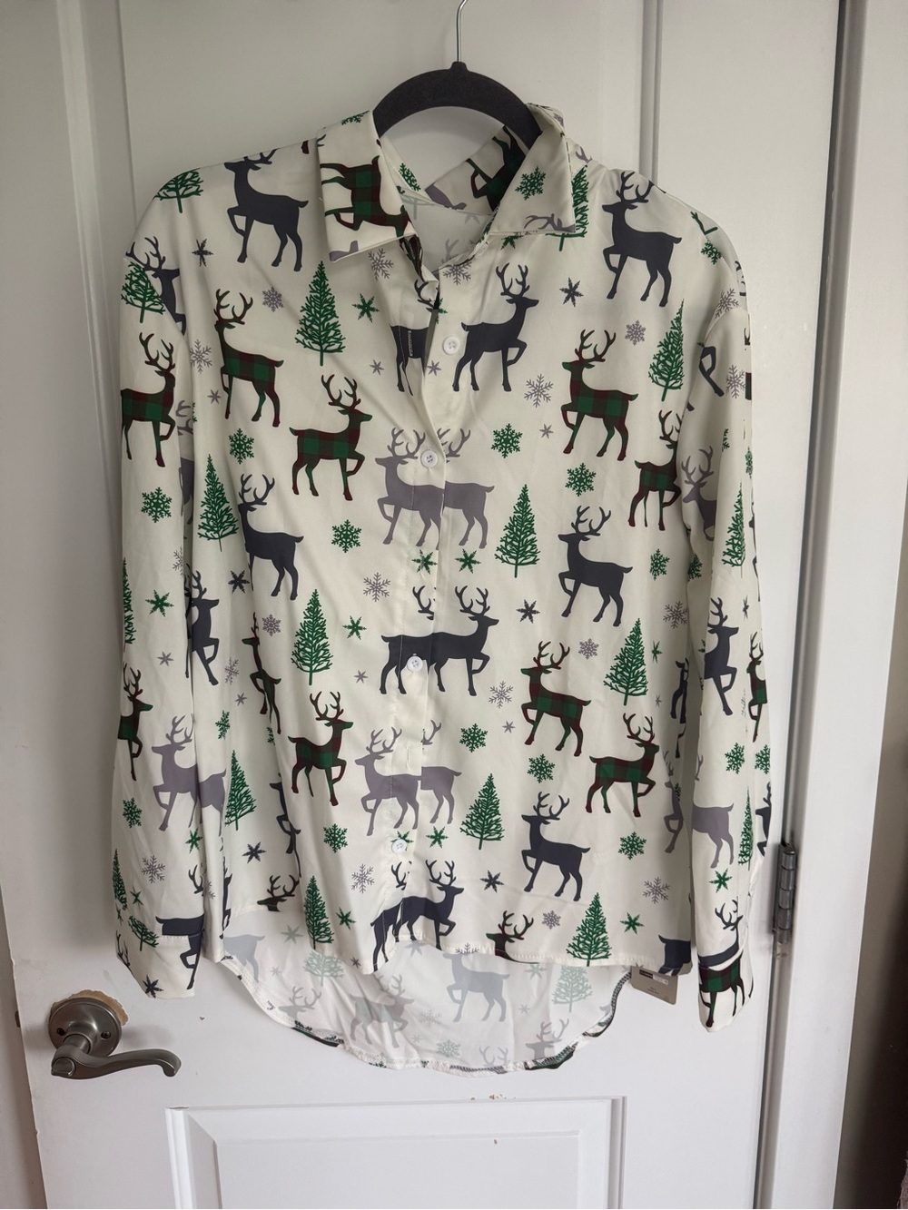 Women’s Cream Holiday Reindeer Button-Up Blouse